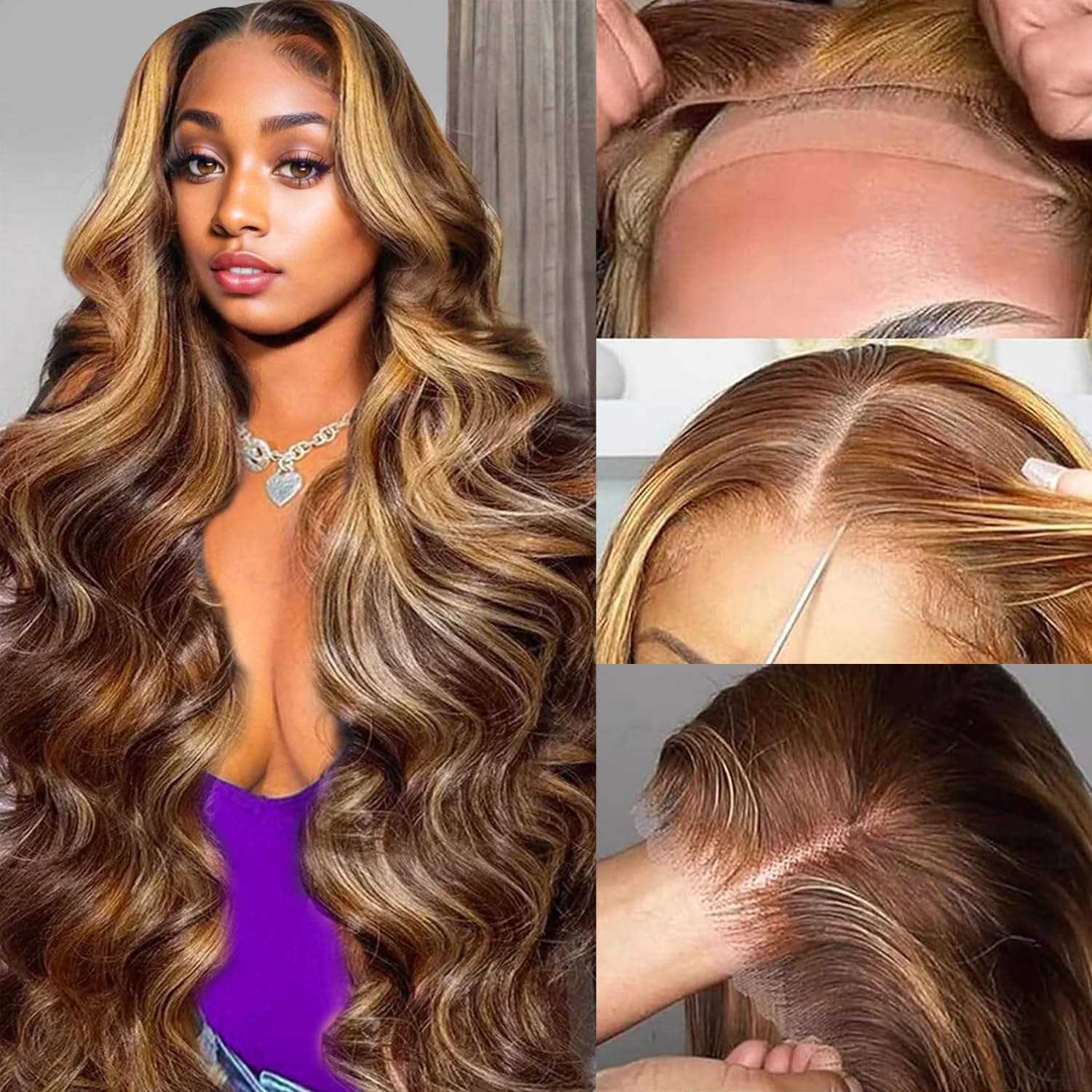 32 Inch Brown Ombre Highlight Lace Wig